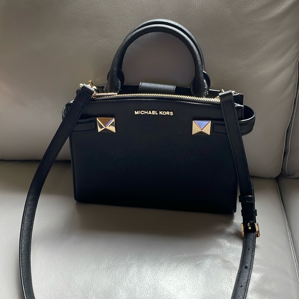 Michael Kors Black Leather Karla Small EW Satchel Crossbody Bag